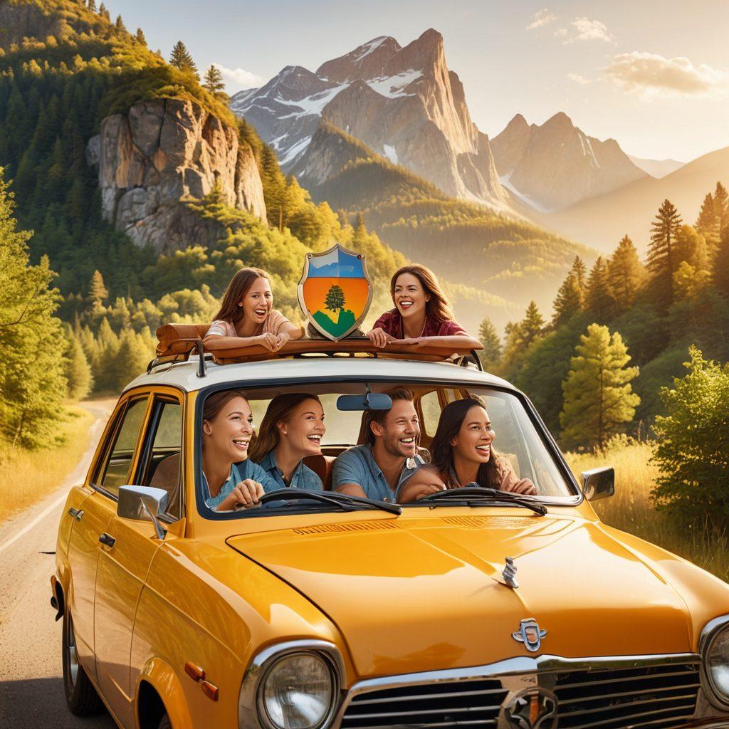 A serene scene depicting a family happily enjoying a road trip in their car, surrounded by a picturesque landscape of mountains and forests, with a shield emblem symbolizing protection above them. Incorporate elements like dollar signs subtly in the background to represent affordability, and a soft sunlight casting a warm glow. super-realistic. vibrant colors. white background.