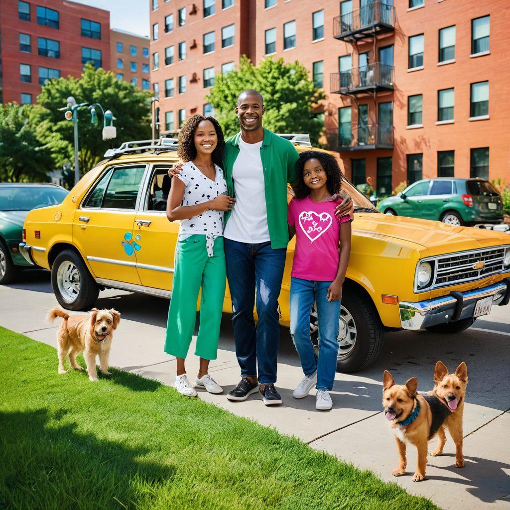 A happy family standing beside a variety of affordable vehicles, each showcasing different insurance symbols. In the background, a sunlit urban landscape symbolizes safety and security. Include playful elements like a dog or kids playing, emphasizing joy and protection. The image should convey a sense of warmth and contentment, highlighting the importance of family and insurance. vibrant colors. super-realistic.