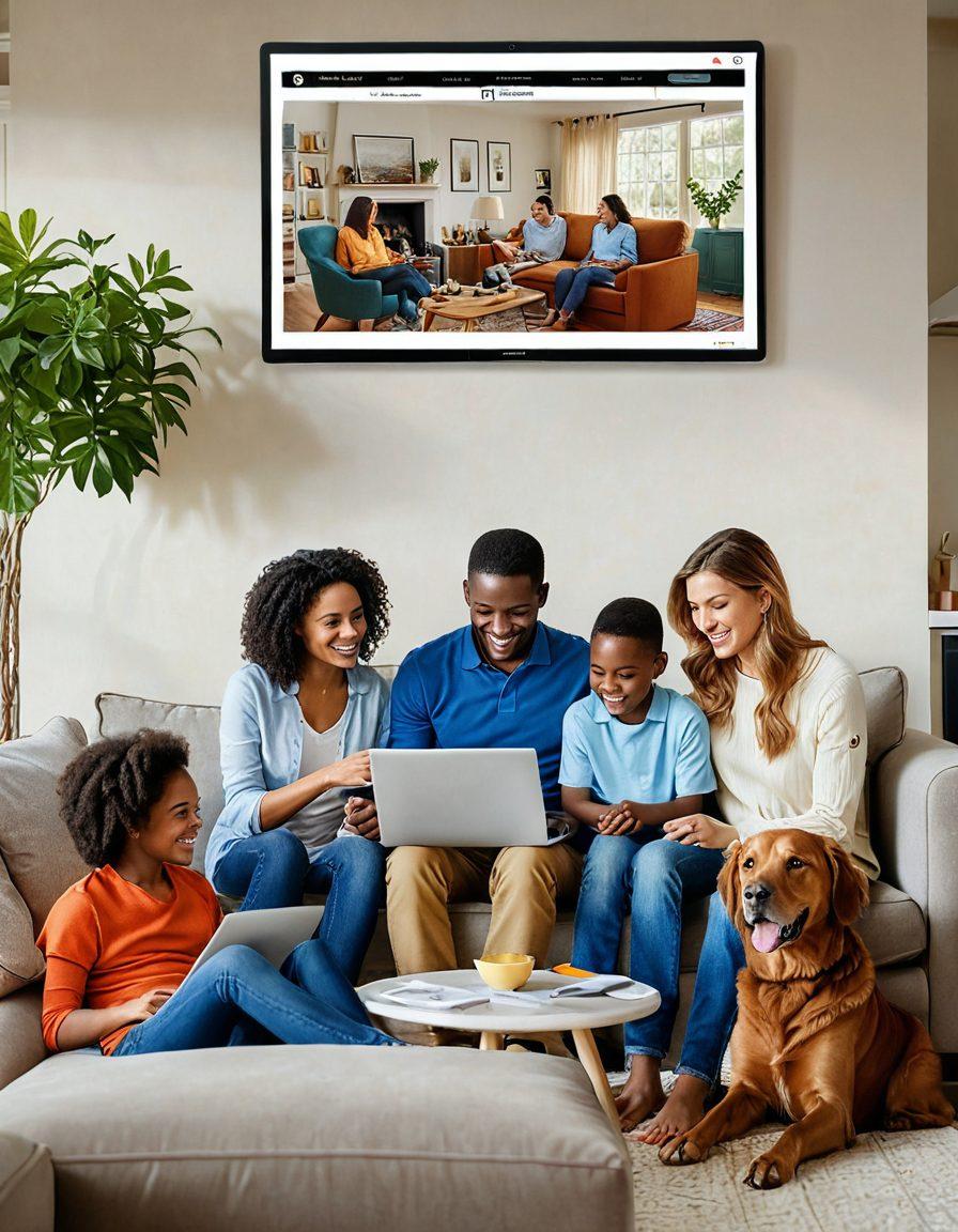A cozy family scene in an appealing living room, showcasing happy family members discussing auto insurance plans over a laptop. Include a visually engaging comparison chart on the screen with highlighted savings. Incorporate warm lighting, colorful decor, and subtle details like a family photo on the wall and a dog by their feet. convey a sense of security and financial wisdom. painting. vibrant colors.